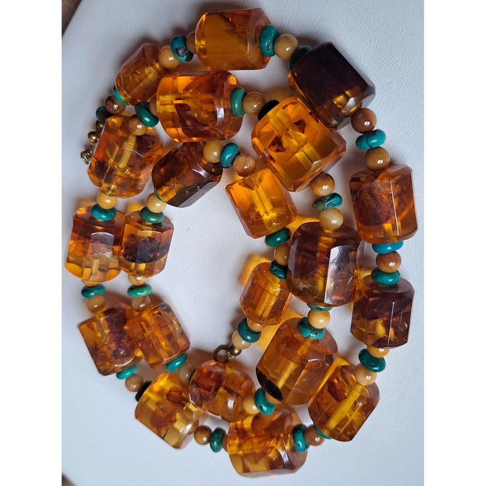 Antique Baltic Honey Cognac Amber Necklace Capsule Cut Turquoise Spacers 28"